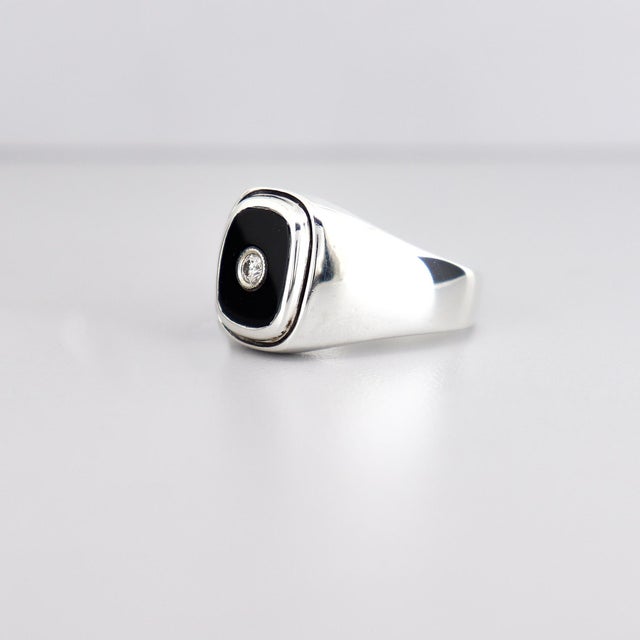 Large Vintage Sterling Silver, Onyx Cabochon, & Diamond Men's Signet Style Ring For Sale In Philadelphia - Image 6 of 15