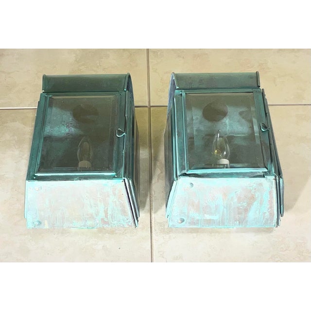 Verdigris Pair of Antique Verdigris Copper Wall Lanterns – Converted & Electrified For Sale - Image 8 of 17