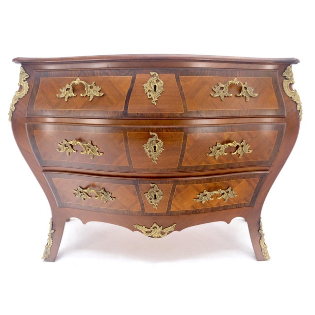 Bombe French Parquetry Top Bronze Mount Ormolu Mount 3 Drawers Dresser MINT For Sale - Image 15 of 17