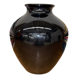 Deep Black Rounded Glazed Ceramic Vase For Sale