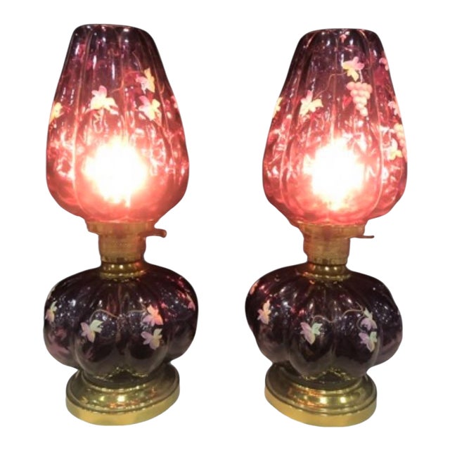 Pair of 1960s Fenton Plum Colored Parlor Table Lamps For Sale