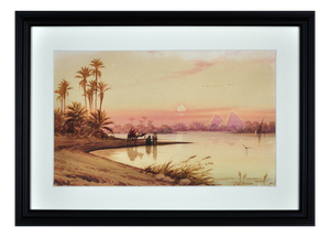 Edwin Lord Weeks, Travellers by a River Nile Tributary at Sundown, Egypt, 1800s, Watercolor & Paper
