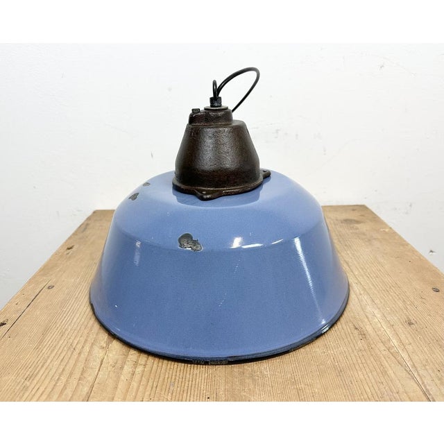 Industrial Blue Enamel and Cast Iron Pendant Light with Glass Cover, 1960s For Sale - Image 11 of 18