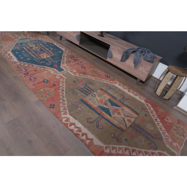 1970s 1970s Vintage Handwoven Turkish Runner - Terracotta & Teal Medallion Rug For Sale - Image 5 of 8