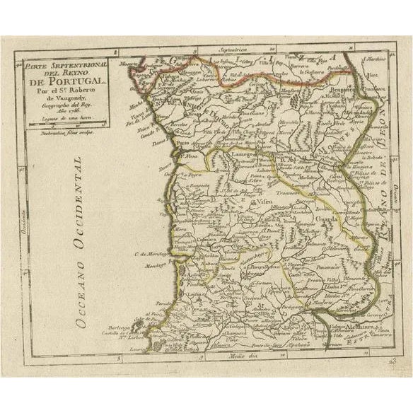 Antique Hand-Colored Map of Northern Portugal, 1756 For Sale