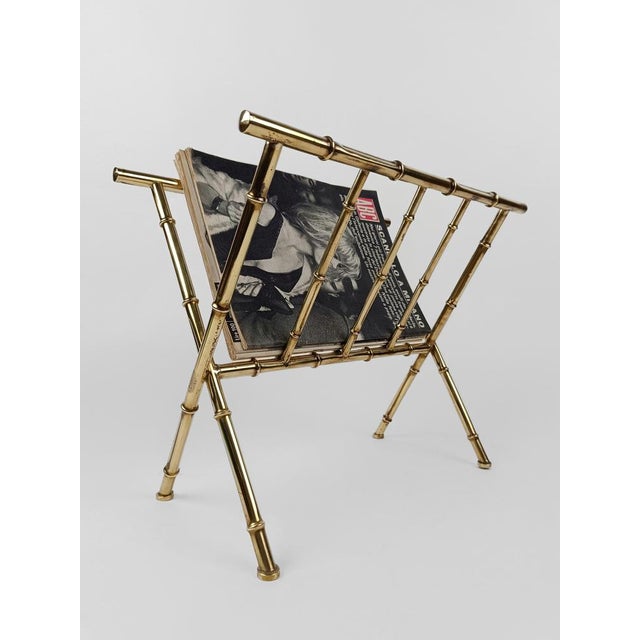 Metal Vintage Gilded Brass & Faux Bamboo Magazine Rack, Italy, 1960s For Sale - Image 7 of 18