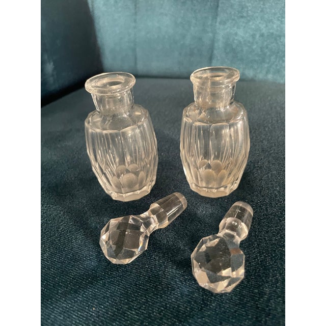 Pair of Cut glass perfume bottles featuring cut glass ball top. Beautiful decorative and functional design statement,...