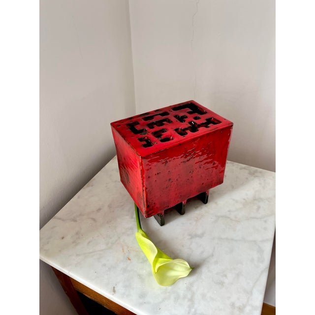 Asian Style Red Ceramic Flower Vase with Floral Insert Holes, 1970s For Sale - Image 6 of 11