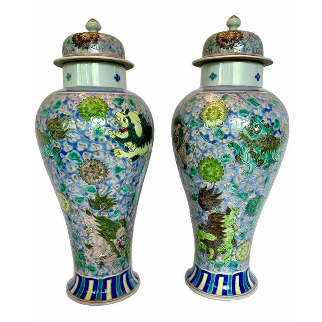 Chinese Pair of Mid 20th Century Chinese Porcelain Famille Rose Reproduction Foo Dog Temple Jars For Sale - Image 3 of 9