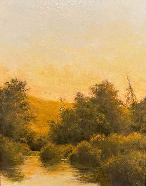 The Last Sunset by Shawn Krueger | Oil on Panel Landscape with trees and water at sunset