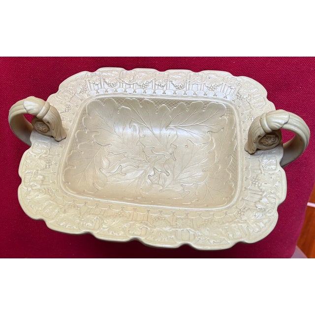 Victorian Antique 19th Century English Drabware Footed Tazza Compote With Relief Molded Oak Leaves and Grape Vine Border For Sale - Image 3 of 13