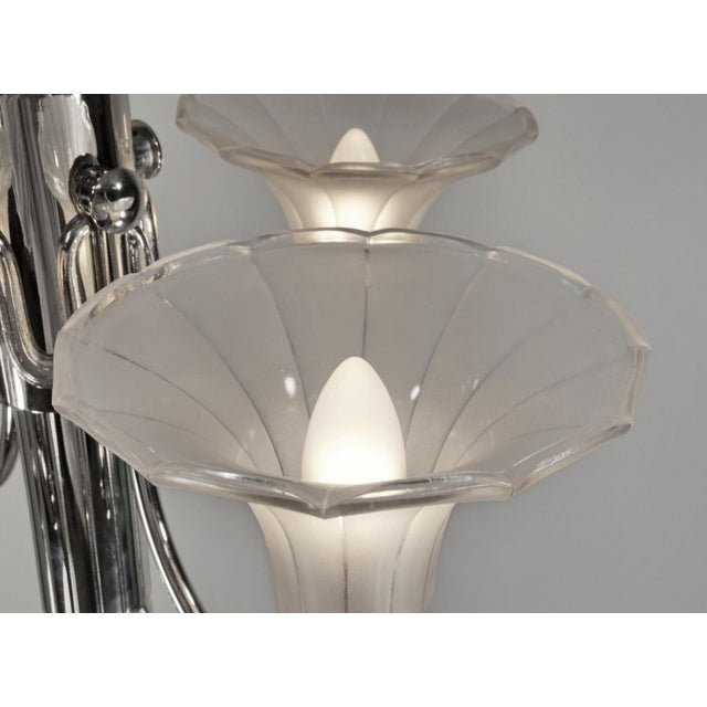 Silver Petitot French Art Deco 4-Arm Chandelier 1930s - Trumpet Frosted Glass & Nickel For Sale - Image 8 of 12