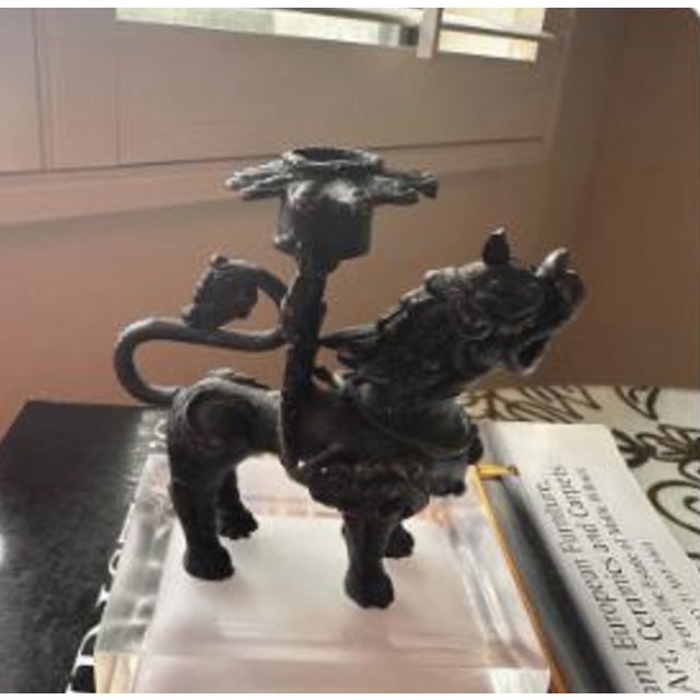 Metal Vintage Bronze Chinese Foodog Candlestick Holder For Sale - Image 7 of 9