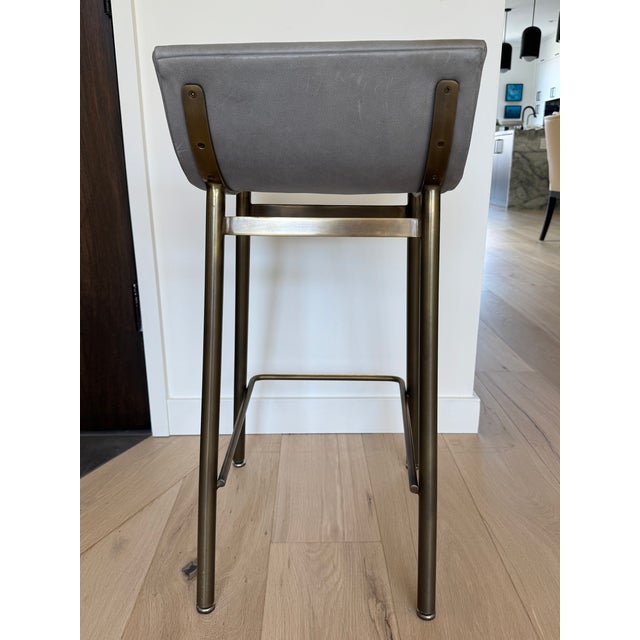 Contemporary Set of 3 Thomas Hayes Custom "Gachot" Stools in Grey Leather and Rubbed Brass For Sale - Image 3 of 11