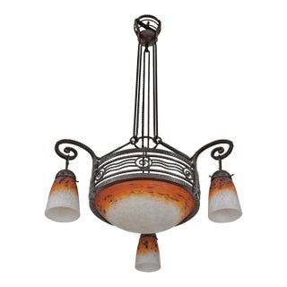 H. Fournet & Charles Schneider French Art Deco Chandelier 1920s - Orange Mottled Glass & Wrought Iron For Sale