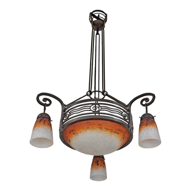 H. Fournet & Charles Schneider French Art Deco Chandelier 1920s - Orange Mottled Glass & Wrought Iron For Sale