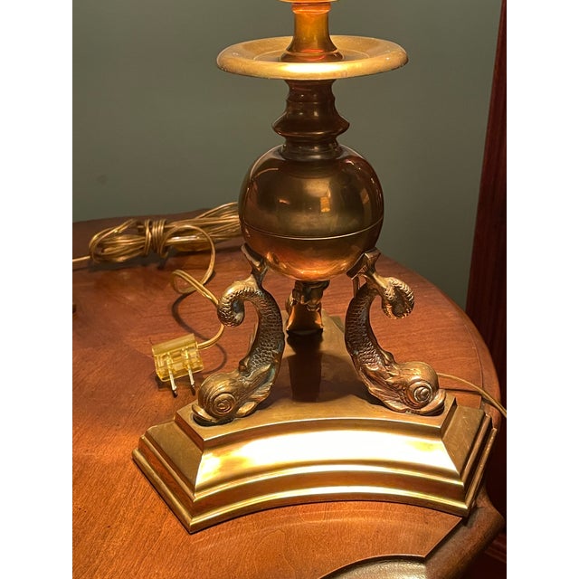 1980s Pair Vintage 1987 Chapman Brass Dolphin Buffet Lamps Black Gold Foil Shades 37" For Sale - Image 5 of 13