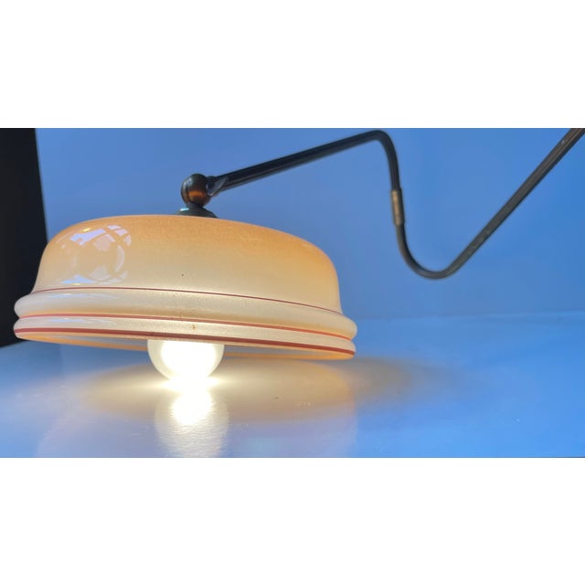 Modern Danish Adjustable Brass Swing Arm Wall Light with Striped Glass Shade, 1960s For Sale - Image 11 of 12