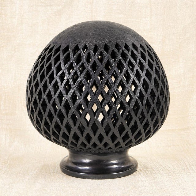 Contemporary Hand-Carved Barro Negro Lattice Vessel, Sculptural Black Pottery Lantern Form For Sale - Image 3 of 11