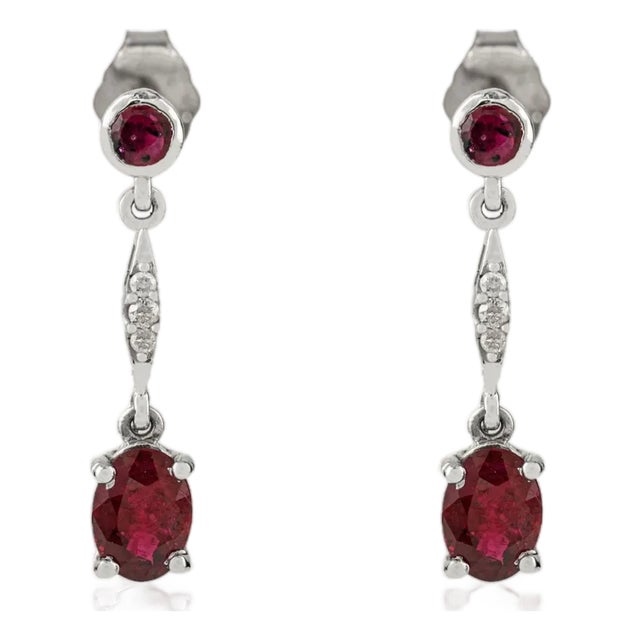 14k White Gold 1.35Ct Natural Ruby & Diamond Drop Dangle Earrings- A Pair For Sale