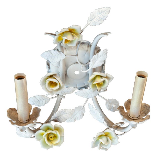 Antique White Mid 20th Century Electrified Wall Sconces With Ceramic Flowers & Metal Leaves; A Pair For Sale - Image 8 of 11