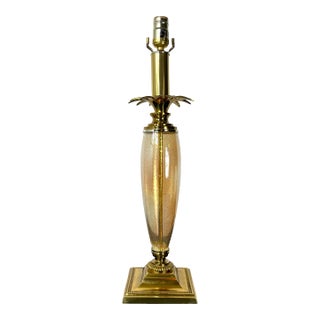 1970s Speer Hollywood Regency Amber Seeded Glass & Solid Brass Palm Leaf Lamp For Sale