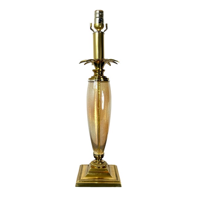 1970s Speer Hollywood Regency Amber Seeded Glass & Solid Brass Palm Leaf Lamp For Sale
