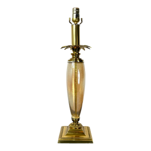 1970s Speer Hollywood Regency Amber Seeded Glass & Solid Brass Palm Leaf Lamp