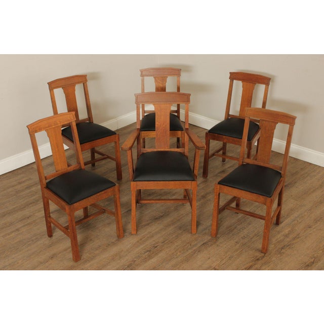 High Quality American Made Set Of Six Antique Arts And Crafts Period Oak Frame, Dining Chairs With Custom Black...