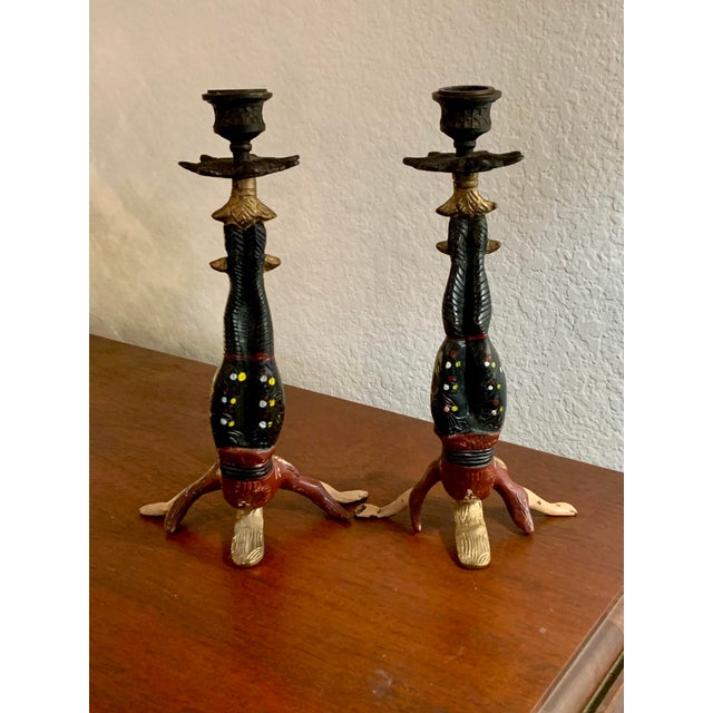 1920s Antique Pair of Iron Chinese Acrobat Candle Holders For Sale - Image 5 of 6