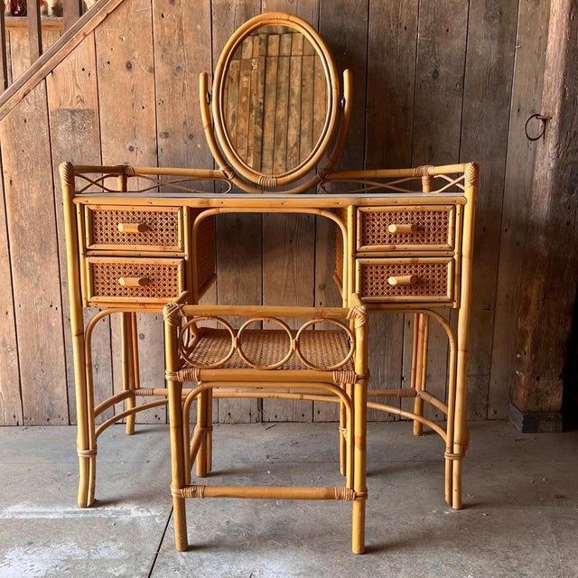 Cane and Bamboo Dressing Table with Oval Mirror and Stool, Set of 2 For Sale - Image 9 of 9