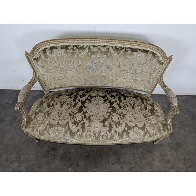 Louis XVI Style Cream Lacquered and Upholstered Cabriolet Salon Set with Gilded Highlights, Set of 6 For Sale - Image 5 of 18