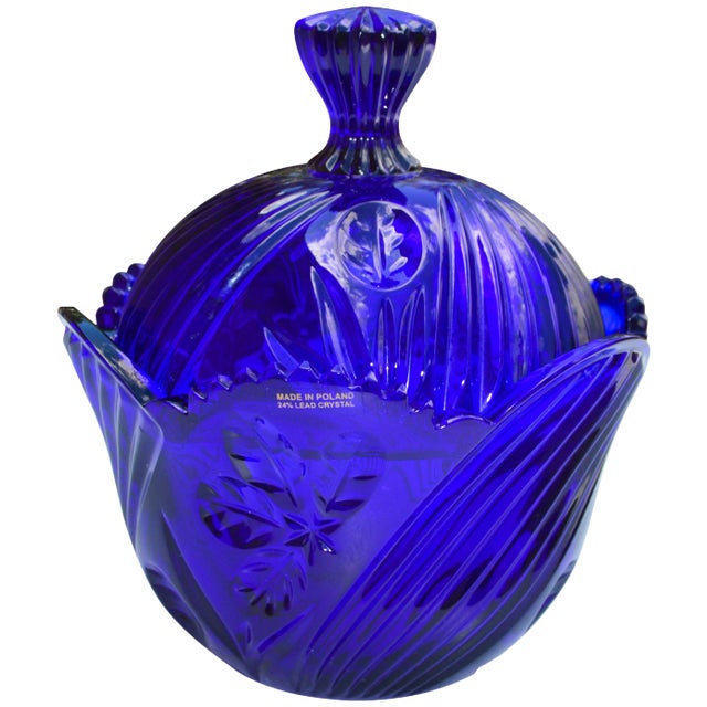 Mid 20th Century Blue Crystal-Cut Lidded Bowl For Sale