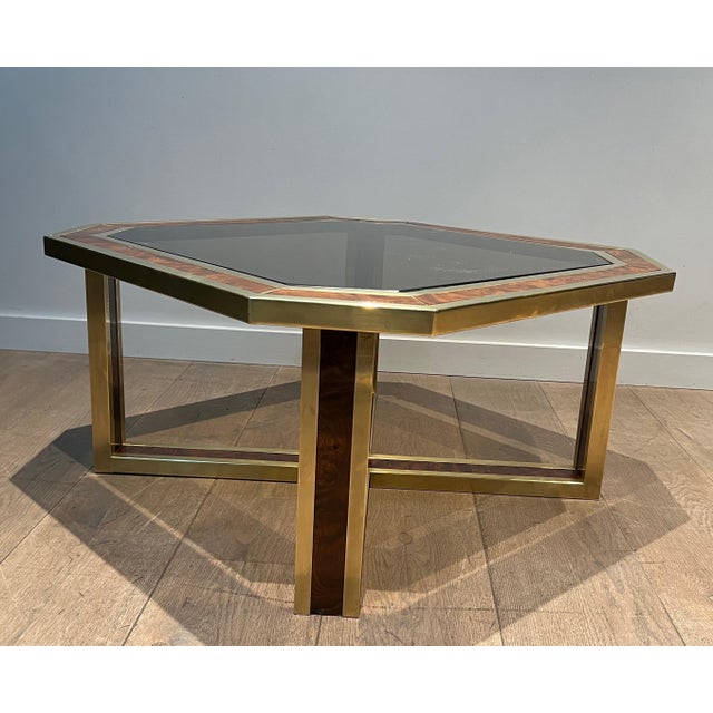 Octagonal walnut and brass coffee table. French work. Circa 1970 For Sale - Image 12 of 12