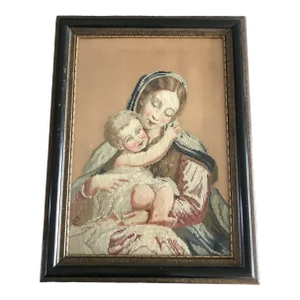 Framed Madonna and Child Petit Point Needlepoint