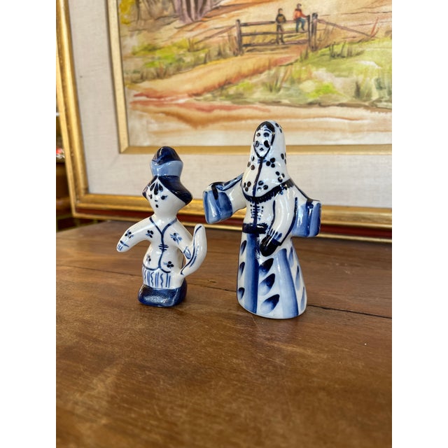 Folk Art Vintage Blue and White Porcelain Figurine Pair, Hand-Painted Folk Figures For Sale - Image 3 of 10
