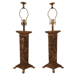 1980s Chapman Brown Marble and Brass Lamps - a Pair For Sale