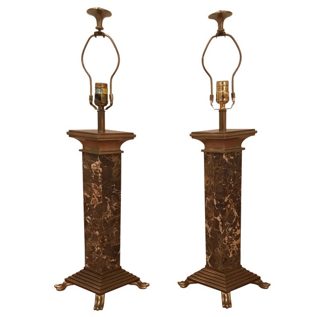 1980s Chapman Brown Marble and Brass Lamps - a Pair For Sale
