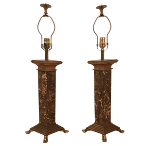1980s Chapman Brown Marble and Brass Lamps - a Pair