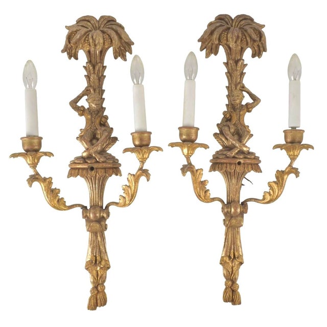 Mid 20th Century Italian Carved Gilt Wood Monkey Wall Sconces, a Pair For Sale - Image 9 of 9