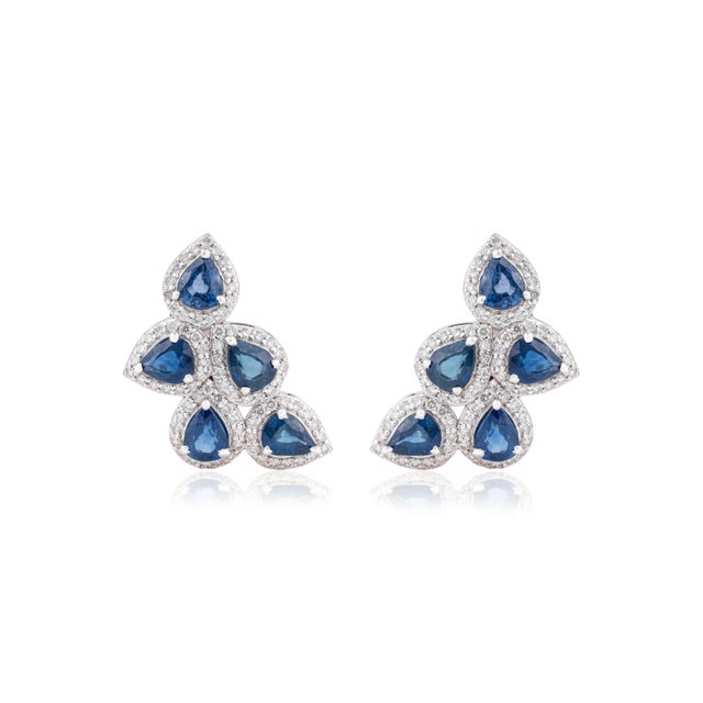 14k Solid Gold Wing-Shaped 4.02 Ct Blue Sapphire Diamond Cluster Earrings- 2 Pieces For Sale - Image 4 of 14