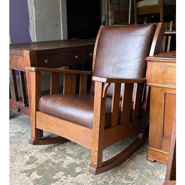 Stickley Brothers 1910s Mission Oak Stickley Brothers Rocking Chair W/ Leather Upholstery For Sale - Image 4 of 8