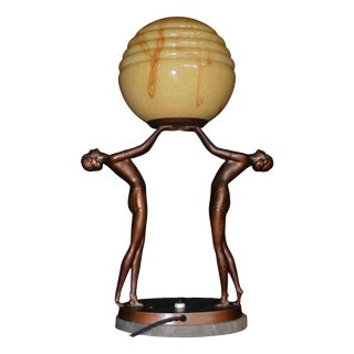 Art Deco French Figural Dancer Table Lamp with Marble Base and Glass Globe, 1930 For Sale