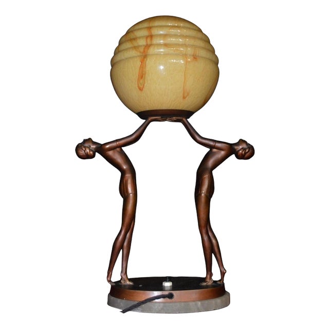 Art Deco French Figural Dancer Table Lamp with Marble Base and Glass Globe, 1930 For Sale
