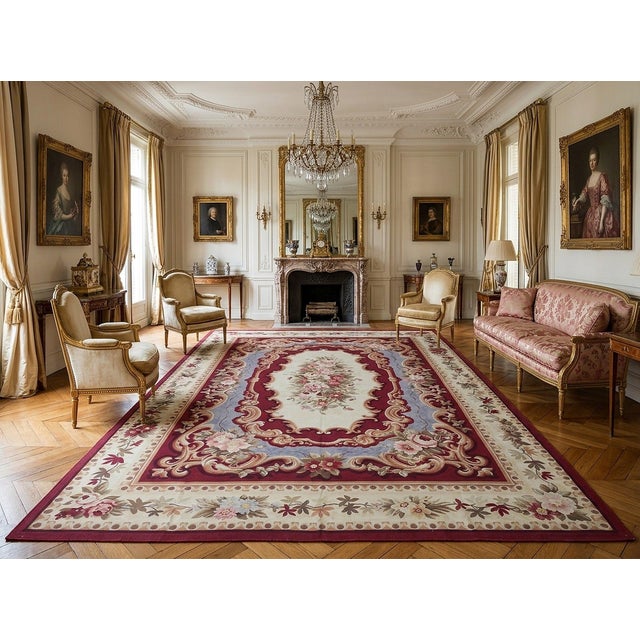 9x12 Vintage Aubusson Flat Weave Wool Rug, Burgundy Rose Medallion For Sale - Image 10 of 12