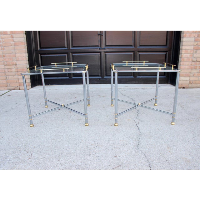 Maison Jansen Modern Hollywood Regency Chrome Brass Glass Side Tables- a Pair For Sale - Image 10 of 10