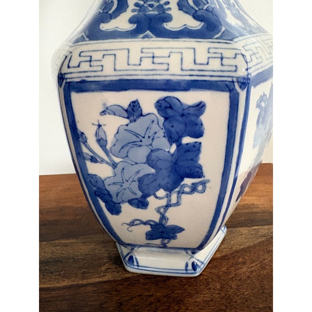 Vintage 15″ Blue & White Ceramic Vase, Hexagonal Shape, Hand‑Painted Floral Design For Sale In Detroit - Image 6 of 9