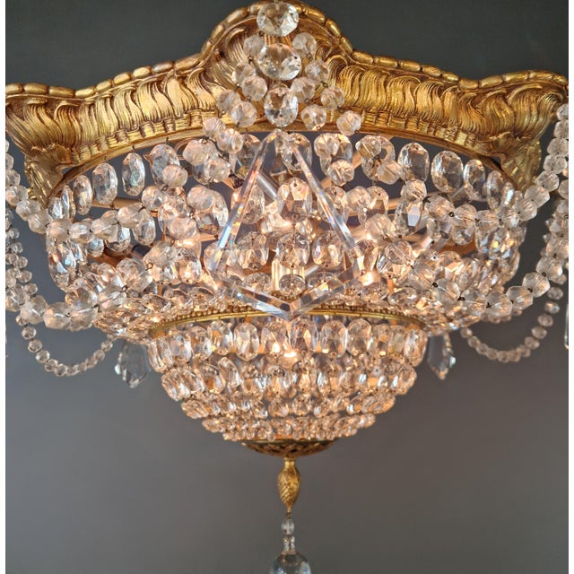 1900s Baroque Revival Crystal Chandelier Brass Basket Form Restored Historicism For Sale - Image 4 of 13