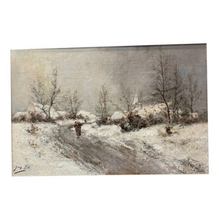 Hill Jean, Belgium Winter Landscape Man Alone Church in the Background, 1916, Oil on Canvas For Sale