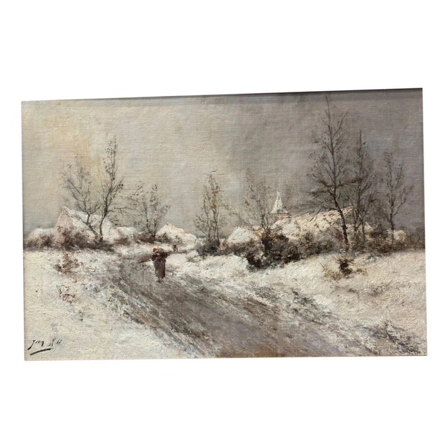 Hill Jean, Belgium Winter Landscape Man Alone Church in the Background, 1916, Oil on Canvas For Sale